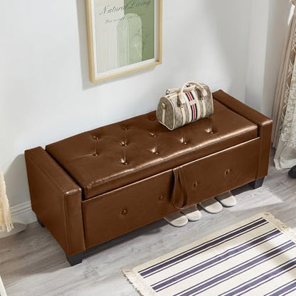 Storage Bench, 48‘’ Upholstered PU Leather Ottoman Bench with Button-Tufted, Folding Bedroom Bench with Wood Legs, Entryway Bench for Bedroom, Brown - color: Brown