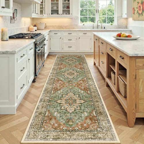 RELEANY Washable Area Rug, Runner 2'x8', Brick/Brown/Green | Non-Slip, Water Repellent, Pet Friendly, Easy to Clean, Vintage Floral Boho Decor for Kitchen Hallway Bedroom Laundry - color: Brick/Brown/Green, size: 2' X 8' (Runner)