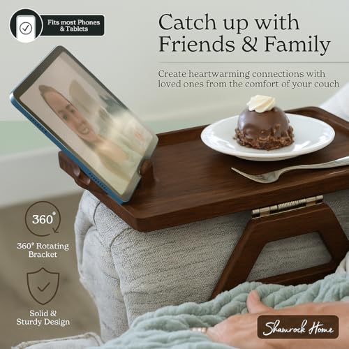 Bamboo Couch Arm Table with Device Holder, Clip On Tray. for TV Dinners, Remotes, Drinks, Snacks and Small Spaces (Rectangular with Device Holder, Brown, Regular 13.75 x 9.5) - color: Brown, size: Regular 13.75 x 9.5", style: Bamboo Rectangular with Devic