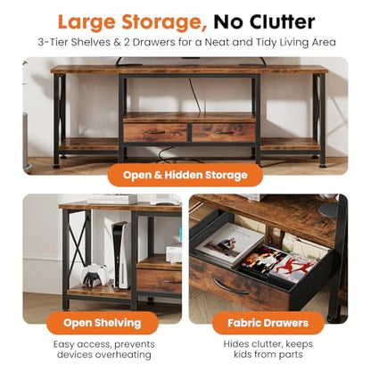 DUMOS TV Stand with Fabric Drawers for 65 70 75 Inches TV | Entertainment Center and Industrial TV Console Table with Open Storage Shelves for Living Room, Bedroom, 63" Rustic Brown - size: 63 Inch
