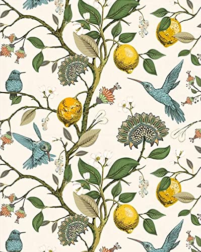 Blue Bird Wallpaper Fresh Lemon Tree Peel and Stick Wallpaper | Vintage Botanical Bird Fruit Self Adhesive Wall Paper Removable Waterproof Prepasted Contact Paper Wall Mural 17.7in x 9.8ft - size: 17.7" x 118"