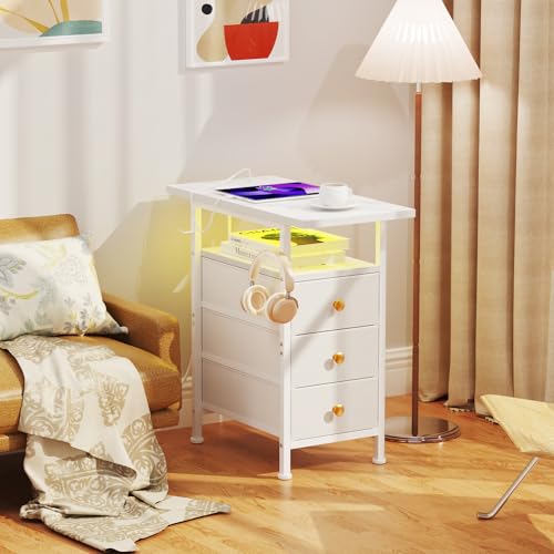 Narrow Dresser with Charging Station, Slim Dresser with 3 Fabric Drawers and Shelf, Skinny Nightstand with LED Light, Bedside Table Dresser for Bedroom, Living Room, Small Spaces, White