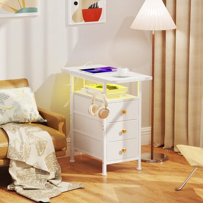 Narrow Dresser with Charging Station, Slim Dresser with 3 Fabric Drawers and Shelf, Skinny Nightstand with LED Light, Bedside Table Dresser for Bedroom, Living Room, Small Spaces, White