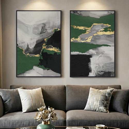 Large Framed Green Abstract Wall Art, 2 Piece Modern Canvas Prints Paintings, Black and Gray Pictures with Gold Accents for Living Room Hallway Dining Room Bedroom Office Wall Decor 24x36 In - color: Metallic-Emerald, size: 24" W x 36" H x 2Pcs