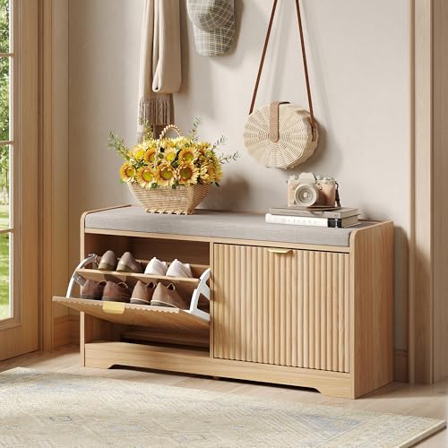 Maupvit 39.4" Fluted Shoe Bench with Storage, Narrow Entryway Bench,Natural | with Removable Seat Cushion & 2 Flip-Drawers, Shoe Cabinet Bench, Boho Hidden Shoe Rack for Entrance, Hallway, Living Room - color: Natural