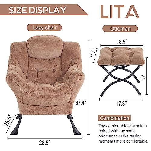 Lazy Chair with Ottoman, Comfy Accent Reading Chair, Plush Brown | Foldable Footrest,Removable Cover,with Armrests and Side Pockets,Upholstered Lounge Chair for Bedroom,Dorm,Office,Small Space - color: Plush Brown