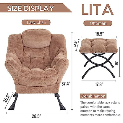 Lazy Chair with Ottoman, Comfy Accent Reading Chair, Plush Brown | Foldable Footrest,Removable Cover,with Armrests and Side Pockets,Upholstered Lounge Chair for Bedroom,Dorm,Office,Small Space - color: Plush Brown
