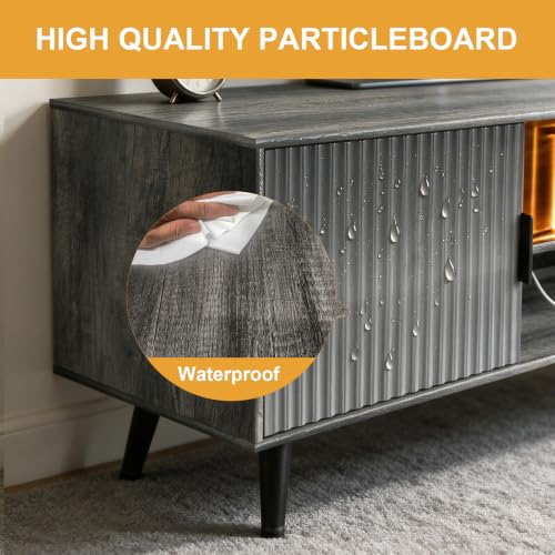 Lightdot 55" Fluted Small Gery TV Stand with Outlet & Fireplace Light | Media Console with Storage, Mid Century Cabinet Fits 55-65" TV, for Living Room/Bedroom/Sofa Cabinet,Easy Assembly - color: Gray-mirror/55"
