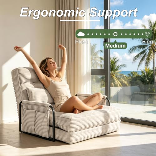 Futon Sofa Bed,Convertible Sofa Bed,Folding Boneless Couches | 3-in-1 Folding Sofa Bed,Boneless Couches for Living Room with Pillow & Side Pocket,High-density Foam,Single Sleeper,Beige - color: Beige, size: Single