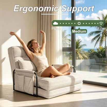 Futon Sofa Bed,Convertible Sofa Bed,Folding Boneless Couches | 3-in-1 Folding Sofa Bed,Boneless Couches for Living Room with Pillow & Side Pocket,High-density Foam,Single Sleeper,Beige - color: Beige, size: Single