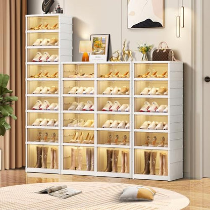 CIMLORD 9-Tier Foldable Shoe Rack, Magnetic Doors, 18 Pairs, White | Collapsible Plastic Shoe Cabinet, Stackable, Clear Doors, Bottom Wheels, Fits Boots, Easy Assembly, Closet & Entryway - size: 9 Tiers 18 Pairs