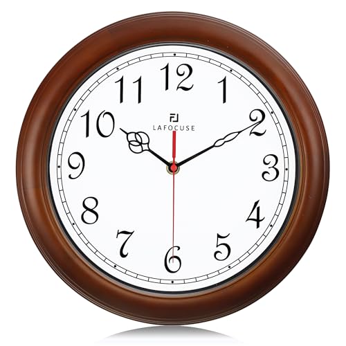 Lafocuse 12 Inch Silent Solid Wood Wall Clocks Battery Operated, Analog Brown Wall Clock for Living Room Decor, Retro Kitchen Clock for Bedroom Home Office