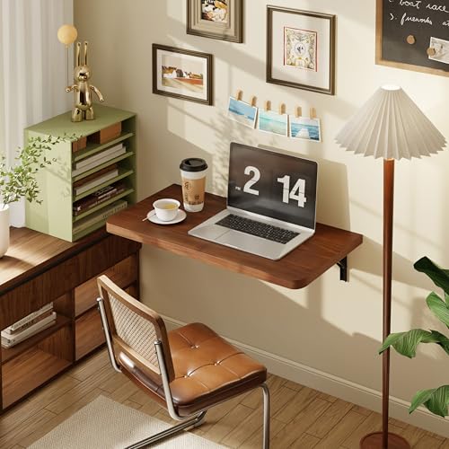 Dogsky 24" x 14" Floating Wall Desk, Fold Down Wall Table - 100 lbs Heavy Duty Solid Pine Wall Mount Folding Desk for Home Office, Laundry Room, Kitchen & Small Apartment, Walnut - color: Walnut, size: 24'' x 13.7'' x 6.3''
