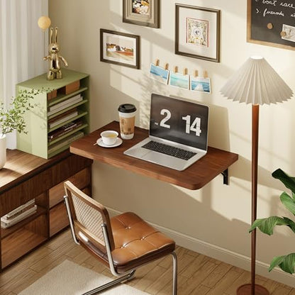 Dogsky 24" x 14" Floating Wall Desk, Fold Down Wall Table - 100 lbs Heavy Duty Solid Pine Wall Mount Folding Desk for Home Office, Laundry Room, Kitchen & Small Apartment, Walnut - color: Walnut, size: 24'' x 13.7'' x 6.3''