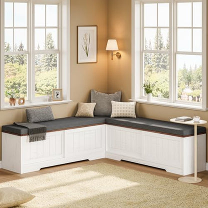 Farmhouse L Shaped Corner Shoe Storage Bench with Cushion Entryway Shoe Rack with Slide Barn Doors, Adjustable Shelf and 1 Cabinet for Entryway Dining Room, Kitchen, Bedroom (White-Brown)