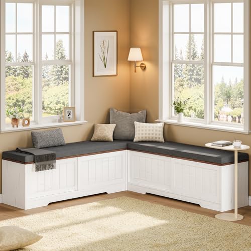Farmhouse L Shaped Corner Shoe Storage Bench with Cushion Entryway Shoe Rack with Slide Barn Doors, Adjustable Shelf and 1 Cabinet for Entryway Dining Room, Kitchen, Bedroom (White-Brown)