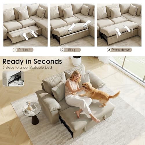 61” Pull Out Couch, 2 in 1 Sleeper Sofa Bed with Throw Pillow, Convertible Small Loveseat Sleeper Couch for Living Room, Bedroom, Apartment (Sand) - color: Sand, size: 2 Seat Sleeper
