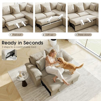 61” Pull Out Couch, 2 in 1 Sleeper Sofa Bed with Throw Pillow, Convertible Small Loveseat Sleeper Couch for Living Room, Bedroom, Apartment (Sand) - color: Sand, size: 2 Seat Sleeper
