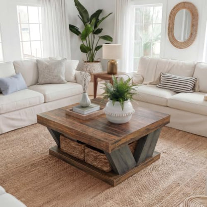 LITTLE TREE Coffee Table, Farmhouse Coffee Table with Large Storage Shelf | 2-Tier Rustic Wood Modern Center Table for Living Room、Home Office, Brown and Black - color: Black+brown
