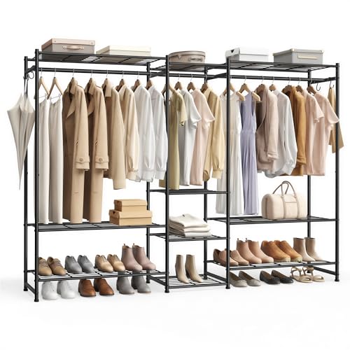 SONGMICS Portable Closet Wardrobe, Clothes Rack, Closet Organizers and Storage, Freestanding Clothing Rack with 10 Shelves, 3 Hanging Rods, Metal Frame Rack, for Bedroom, Entryway, Black ULGR011BZ03S - size: 81.3"L