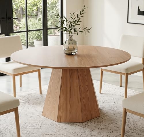 BESTANO 59" Round Dining Table for 4-6 People, Kitchen Dining Room Table with Wooden Pedestal Base, Circle Dinner Pedestal Dining Table for Dining Room (Table Only), Brown - color: Brown, 59” Round