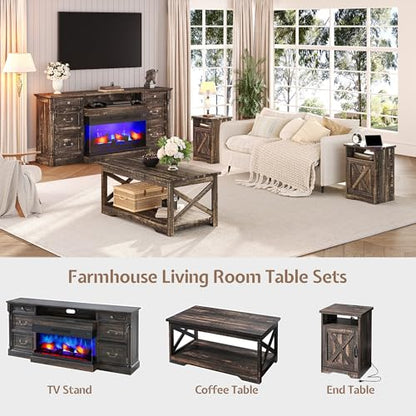 3 Piece Living Room Table Set with Barn Door, Black Oak | Includes Coffee Table and 2 End Tables, Charging Station &USB Ports, Rustic Farmhouse Style, Living Room Furniture Set - color: Black Oak