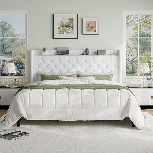 SHA CERLIN King Size Platform Bed Frame with Charging Station, Velvet Wingback Headboard with Storage Shelf, Wooden Slats Support, Ample Under-Bed Space, No Box Spring Needed, Easy Assembly, White - color: White, size: King