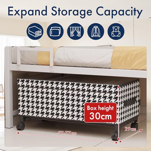 65L Under Bed Storage with Wheels, Adjustable Underbed Storage Bins, Foldable Dustproof Storage Container, 30.3×11.4×11.8 Inch Organizer for Clothes, Shoes, Blankets (black - Transparent Cover)