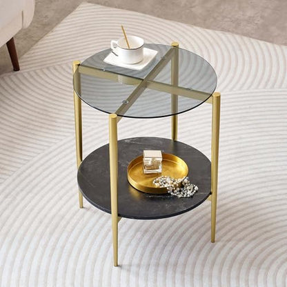 LumFurn D18in Round Glass End Table, Mid-Century Modern Side Table for Living Room, D18xH23inch, Grey Glass and Black Marble MDF Wood, Conical Legs with Gold Finish Frame - color: D18" Grey & Black Marble