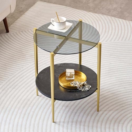 LumFurn D18in Round Glass End Table, Mid-Century Modern Side Table for Living Room, D18xH23inch, Grey Glass and Black Marble MDF Wood, Conical Legs with Gold Finish Frame - color: D18" Grey & Black Marble