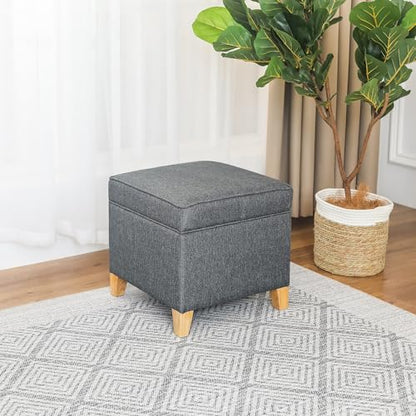 Linen Storage Ottoman, 17.5 Inch Square Upholstered Footrest Stool with Hinged Lid for Living Room, Bedroom & Entryway, Small Cube Accent Foot Stool, Grey with Natural Wood Legs - color: Grey With Burlywood Legs