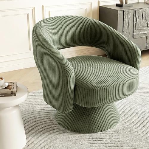 HOMCOM 360° Swivel Accent Chair Corduroy Upholstered Barrel Chair Green | Modern Armchair, Thick Padding, Living Room, Bedroom, Reading Room