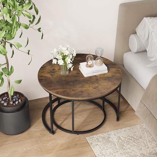Smuxee Rustic Nesting Coffee Table Set of 2, 27.6" Round Coffee Table Wooden Marble Pattern with Adjustable Non-Slip Feet, Industrial End Table for Living Room Bedroom Balcony - color: Rustic Brown, size: 27.6"W