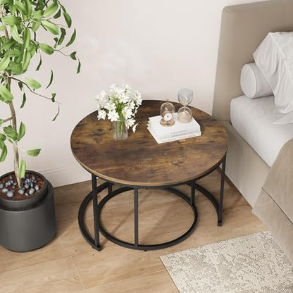 Smuxee Rustic Nesting Coffee Table Set of 2, 27.6" Round Coffee Table Wooden Marble Pattern with Adjustable Non-Slip Feet, Industrial End Table for Living Room Bedroom Balcony - color: Rustic Brown, size: 27.6"W