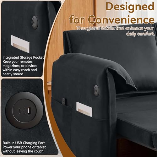 63" 3-in-1 Velvet Convertible Sleeper Sofa Bed, Modern Adjustable Backrest Loveseat Pull Out Couch with USB & Side Pocket, Small Space Love Seat Sofa Bed for Living Room, Bedroom, Dark Grey Velvet - color: Dark Grey
