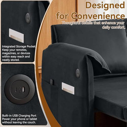 63" 3-in-1 Velvet Convertible Sleeper Sofa Bed, Modern Adjustable Backrest Loveseat Pull Out Couch with USB & Side Pocket, Small Space Love Seat Sofa Bed for Living Room, Bedroom, Dark Grey Velvet - color: Dark Grey