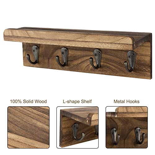 HRONRAD Rustic Key Holder for Wall, Farmhouse Wall Shelf with 4 Hooks, Wall Mounted Key Racks, Wooden Mail Organizer with Hooks for Entryway (Brown) - color: Brown