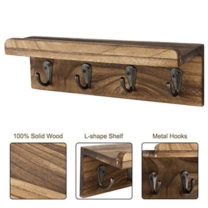 HRONRAD Rustic Key Holder for Wall, Farmhouse Wall Shelf with 4 Hooks, Wall Mounted Key Racks, Wooden Mail Organizer with Hooks for Entryway (Brown) - color: Brown