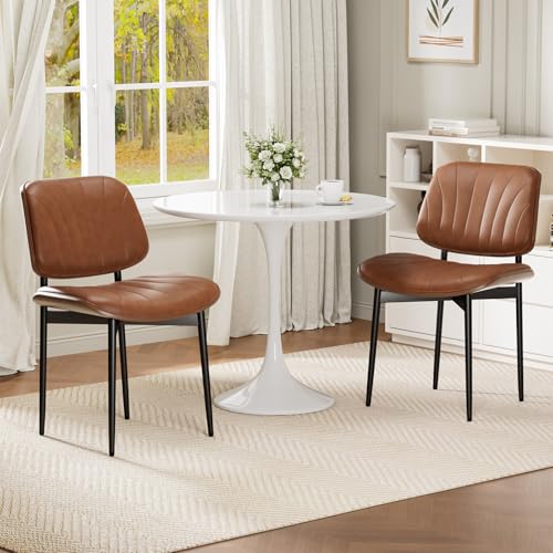 Dining Chairs Set of 2, Mid-Century Modern Upholstered PU Leather Chairs | with Walnut Bentwood Back and Metal Legs Adjustable Feet for Kitchen Dining Room, Camel Shell Strips - color: Camel Shell Strips