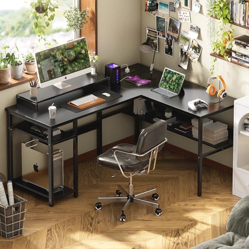 Unikito Reversible L Shaped Desk with Magic Power Outlets and Smart LED Light, Sturdy Corner Computer Desk with Monitor Stand & Storage Shelves, Gaming Table Home Office Desk, Easy Assembly, Black - color: Black