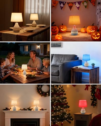 13" H Small Rechargeable Cordless Ceramic Table Lamp, Coastal | Remote Control RGB, Warm White Light, Timer, Dimmer, Battery Operated Lamp for Bedroom, Living Room, Kitchen, Linen Shade - size: Small-13"H