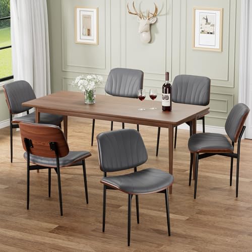 Dining Chairs Set of 2, Mid-Century Modern Upholstered PU Leather Chairs | with Walnut Back and Metal Legs Adjustable Feet for Kitchen Dining Room, Dark Gray Shell Strips - color: Dark Gray Shell Strips