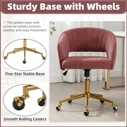 Desk Chair with Wheels, Gold Base, Velvet Accent Vanity Armchair, Rose Red | Spacious‌ Soft Seat, Swivel Height Adjustable, Rocking Function, Modern Stripe for Girls &Women Bedroom Makeup or Nail - color: Rose Red Velvet