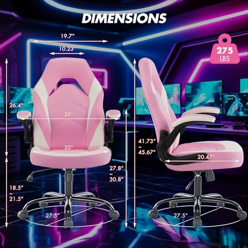 Sweetcrispy Computer Video Game Desk Chair: Ergonomic Comfy Lumbar Support, PU Leather with Flip-up Armrest, Height Adjustable and 360° Swivel, for Adults, Pink - color: Pink