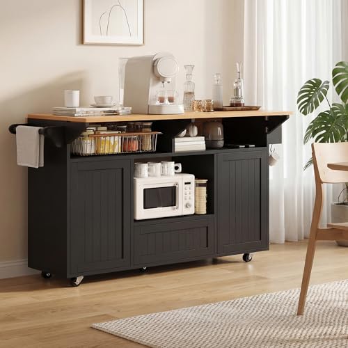 Einhomn 65" Kitchen Island with Drop Leaf, Mobile Island Table for Kitchen with Trash Can Storage, Black - style: Black