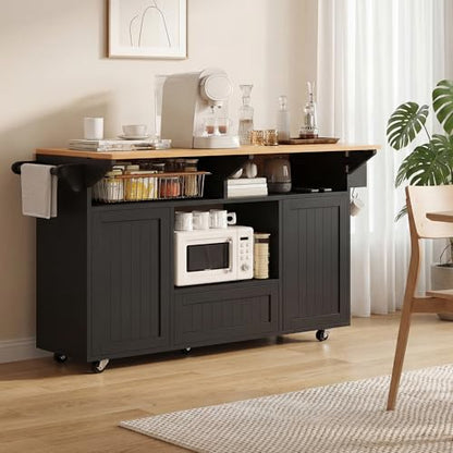 Einhomn 65" Kitchen Island with Drop Leaf, Mobile Island Table for Kitchen with Trash Can Storage, Black - style: Black