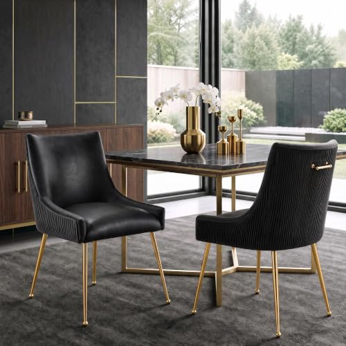 Faux Leather Dining Chairs Set of 2, Gold Legs Accent Kitchen Chairs, Black | Mid Century Modern Chairs with Gold Pull Handle, Upholstered PU Leather Chairs for Dining, Kitchen, Living Room, Restaurant - color: Pu-black, size: Set of 2