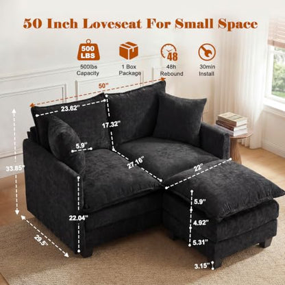 50'' L-Shape Loveseat Sofa with 22" Ottoman, 2 Seat Modern Cloud Couch with 2 Washable Pillows for Small Space Apartment Office Living Room Bedroom, Black - color: Black, size: 50"L