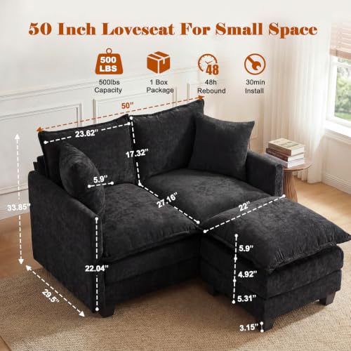 50'' Loveseat Sofa Set with Ottoman, Small Couch Set 2 Piece Cloud Love Seat 27" Deep Seat Washable Pillows Couches for Small Spaces Apartment Living Room, Black - color: Black, size: 50"+50"L