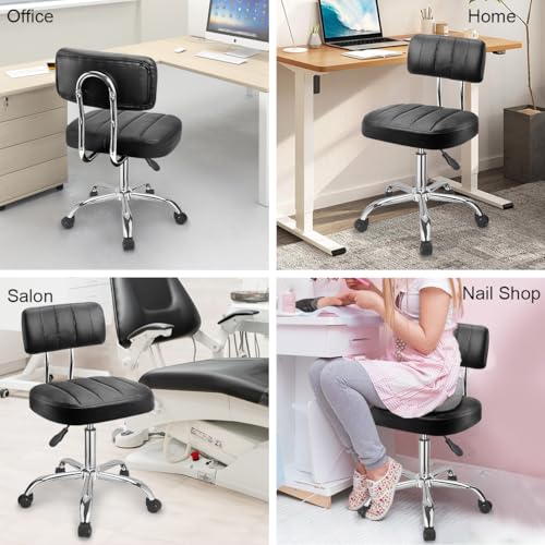 JOSTZHXIN Office Desk Chair with Wheels, Rolling Stool with Backrest Height Adjustable, Swivel Stool with Low Back Lumbar Support, Square PU Leather Swivel Chair with Back